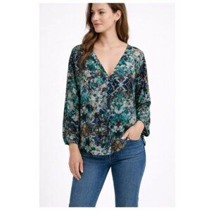 Zara basic v-neck 3/4 tab sleeves green blue blouse shirt tunic XL